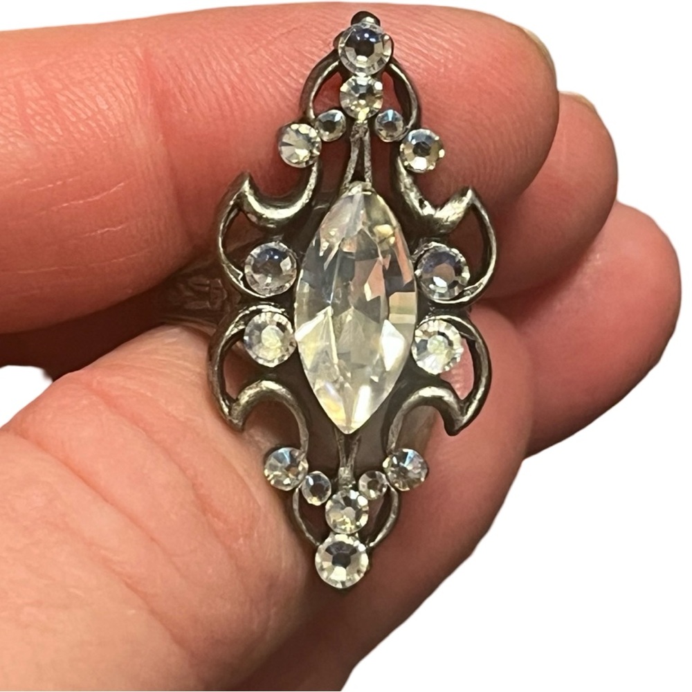 Anne Koplik Designs Ornate Statement Ring Adjustable Silver Tone Rhinestone‎